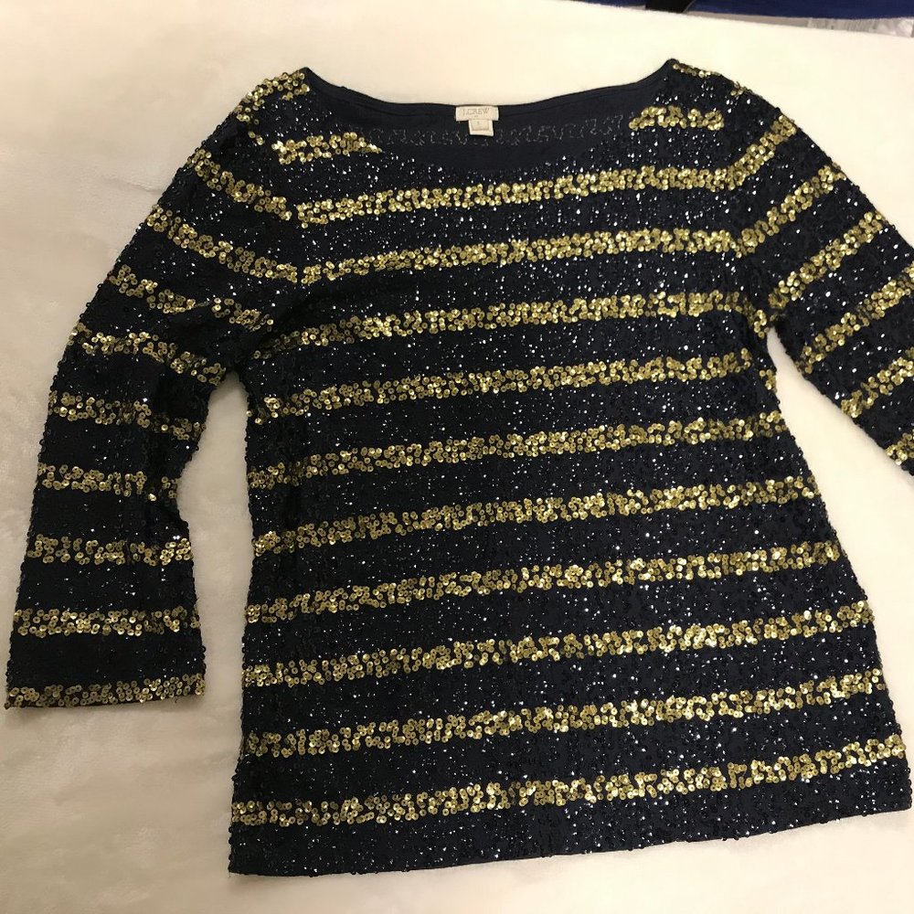 J. Crew | Blue Gold Sequin Long Sleeve Top Size L